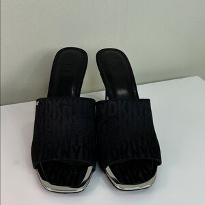 DKNY Black Logo Mule Heels • Square Toe • Minimal Chic • Size 11